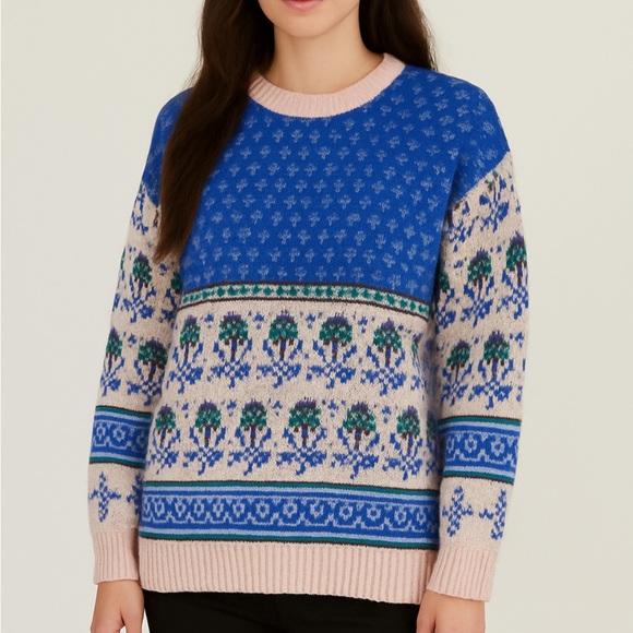 Vintage Pierre Cardin Blue and Cream Patterned Women's Sweater - Picture 1 of 3